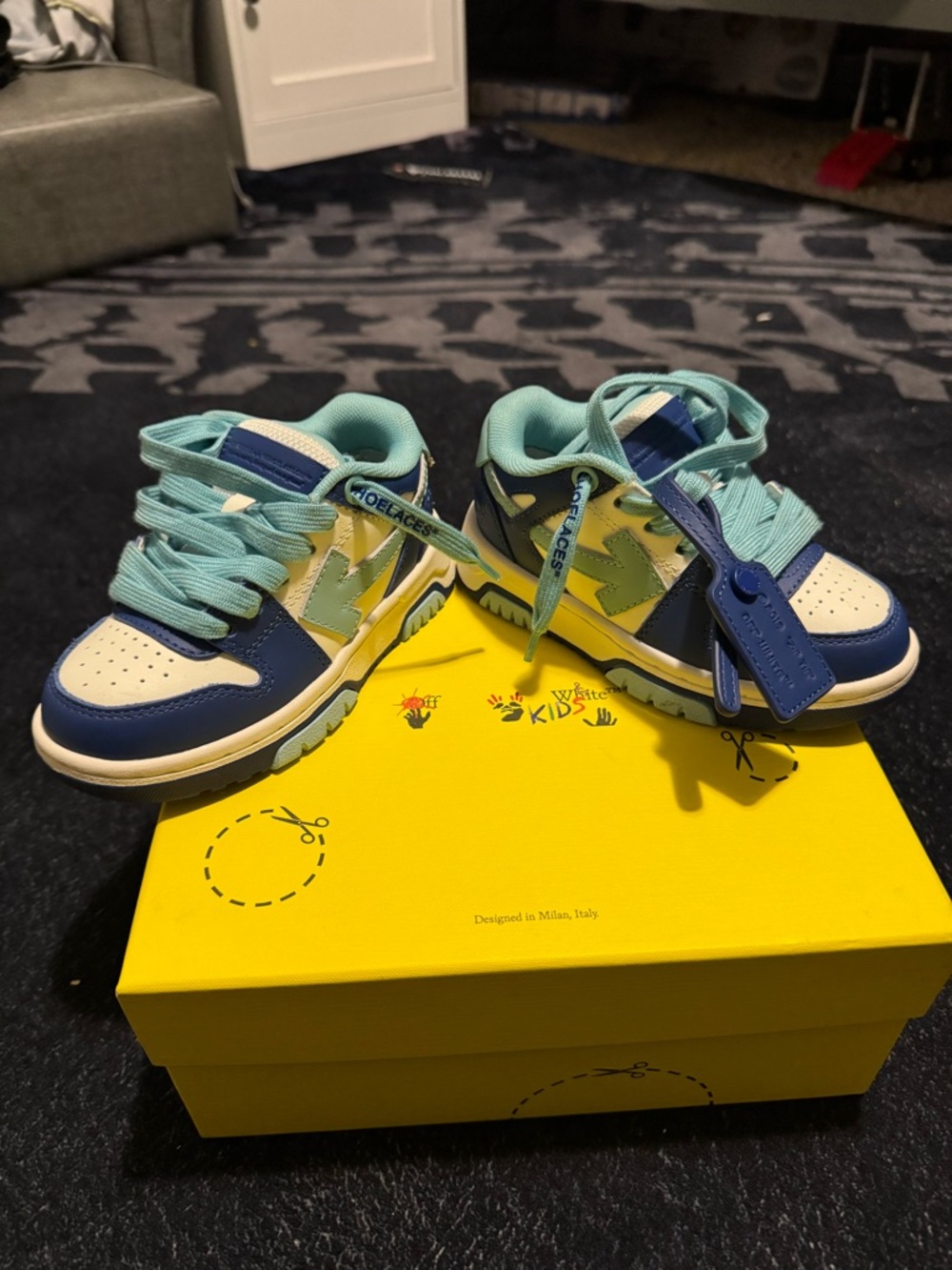 Off-White Kids Low-Top Sneakers in Blue, Mint & Yellow